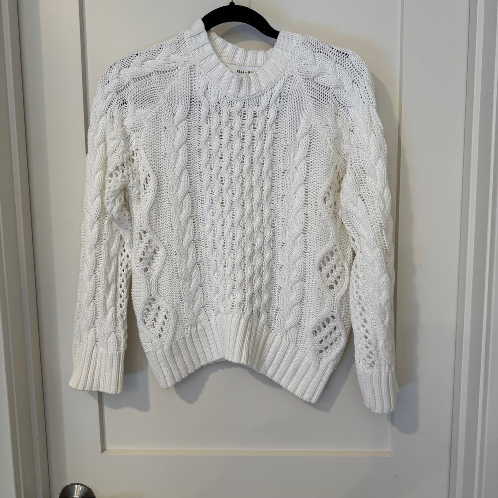 John + Jenn White Cotton Cable Knit Pointelle Crew Neck Sweater Womens XS